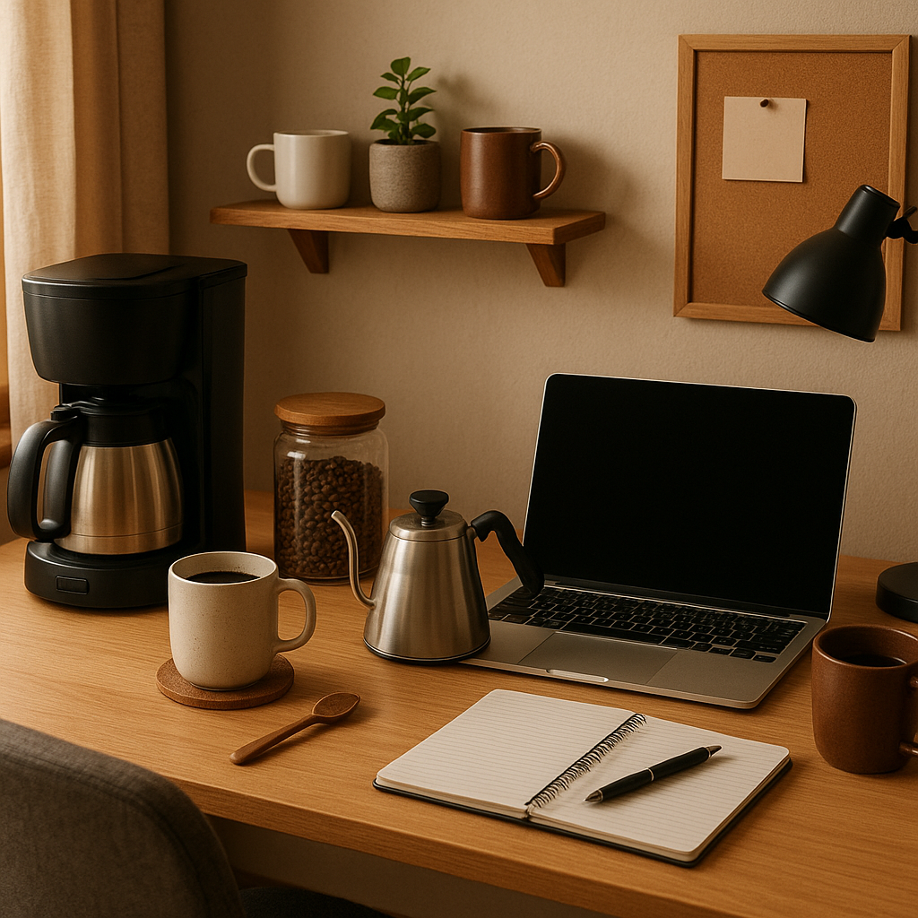 A cozy office space with coffee accessories and equipment