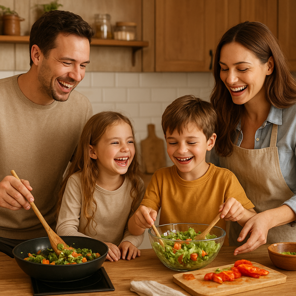 A family cooking together in a cozy kitchen